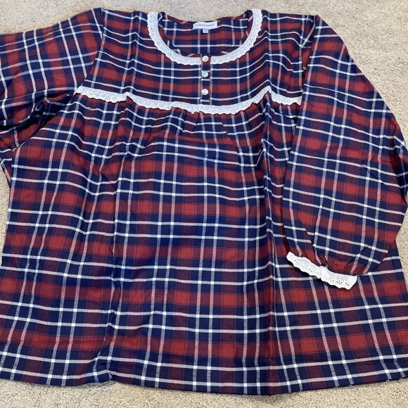 Cuddledown Plaid Flannel Pajamas Size XXL Red Navy Eyelet Prairie Grannycore - Picture 4 of 10